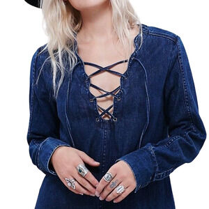 FREE PEOPLE NEAPOLITAN DREAMS INDIGO LACE UP MINI DRESS / TUNIC S